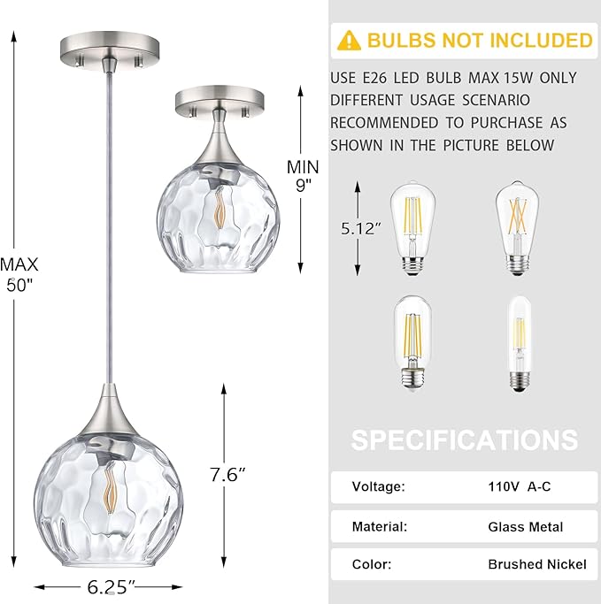 Doraimi Lighting 6.25" Texture Glass Pendant Light 3 Pack Pendant Ceiling Light Fixtures Brushed Nickel Finish Modern Farmhouse Dinning Over Sink Adjustable Height Cord