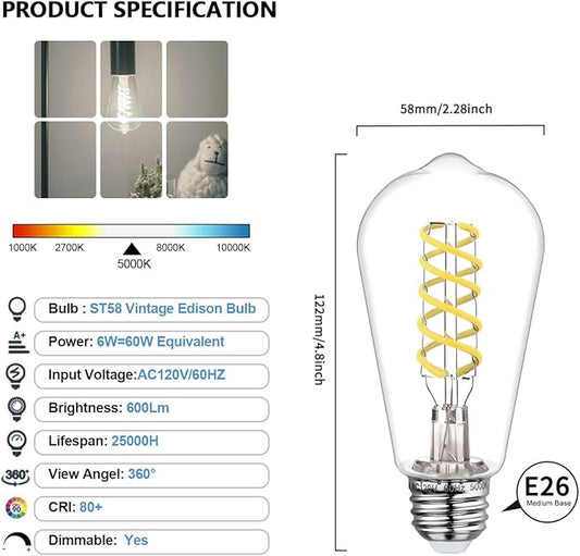 BORT 4Pack Dimmable LED Edison Bulbs,5000K Daylight White, 6W Equivalent to 60W Vintage Light Bulbs, Antique Flexible Spiral LED Filament Decorative Light Bulbs