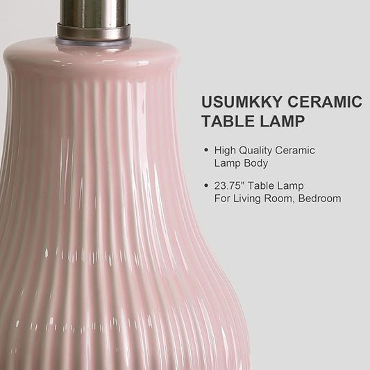 23.75inch Pink Modern Ceramic Bedside Lamp Set of 2 for Bedroom Decor Farmhouse Table Lamp for Living Room Office Dorm