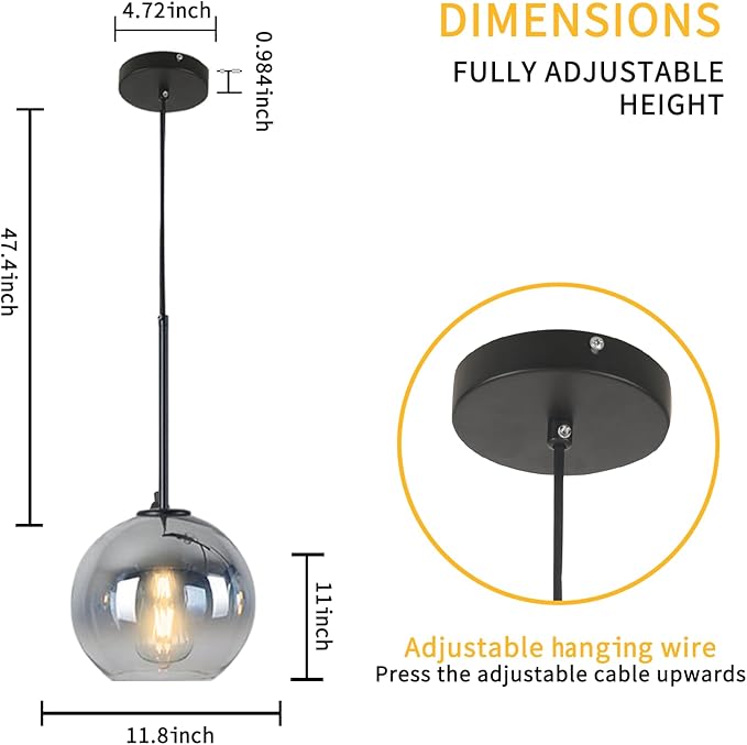 Modern Black Globe Pendant Light Glass Ceiling Pendant Light for Kitchen Silver Pendant Lighting Over Island Dining Room Pendant Light Fixture-Mid Century Light Fixture,2 Pack(11.8 Inch)