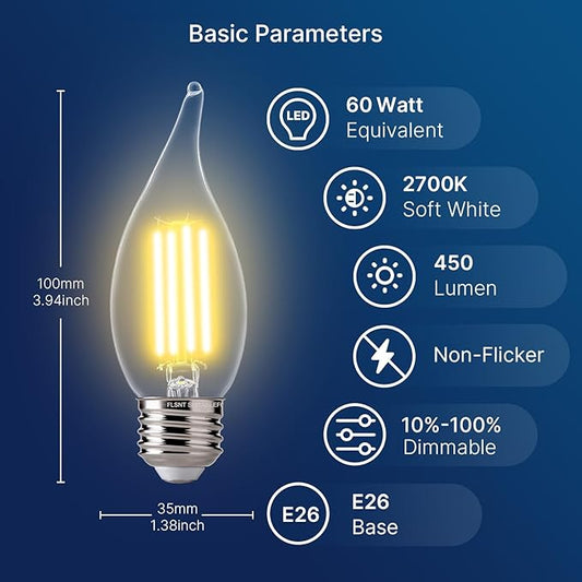FLSNT LED 60 Watts Equivalent Chandelier Light Bulbs, CA11 Dimmable Filament Clear LED Candelabra Bulbs, E26 Medium Base, 2700K Soft White, 6 Pack UL,CA65 Listed.