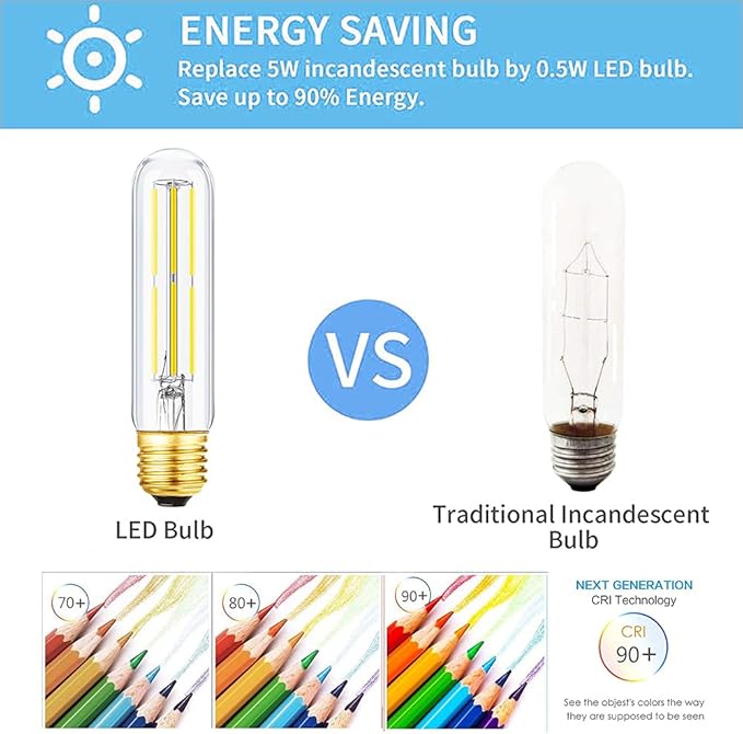 E26 Tubular Light Bulb 6W,Dimmable Led Tube Bulbs,Cool White 5000K,60 Watt Incandescent Bulb Equivalent,T10 Led Light Bulb for Cabinet Display Cabinet etc,Clear Glass,5.1in, 6 Pack.