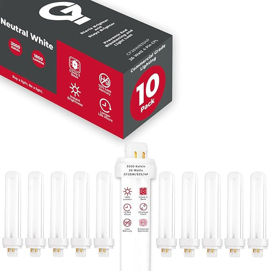 GoodBulb 26 Watt CFL Light Bulbs 4 Pin G24Q-3 Base 3500K Neutral White 26W High Output 1800 Lumens Double Tube Compact Fluorescent Light Bulbs Plug-in 10 Pack
