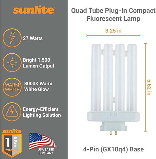 Sunlite 40531 FML27/65K/2PK Quad Tube Plug-in Compact Fluorescent Lamp, FML 4-Pin, 27 Watts, 1500 Lumens, 6500K Daylight, 4-Pin (GX10q4) Base, 120 Volts, 2 Pack