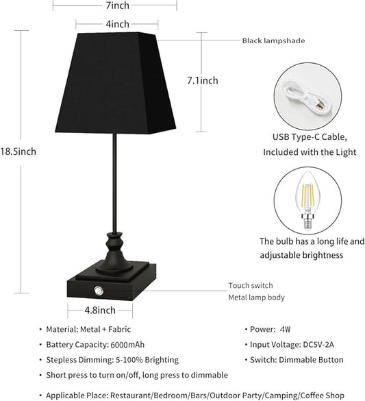 Rechargeable LED Table Lamps with Stepless Touch Control,Black Cordless Lamp for Living Room&Bedside&Patio&Shower,Small Desk Lamp(6000mAH Battery),1 Pack for Home Decor,Best Gifts for Family