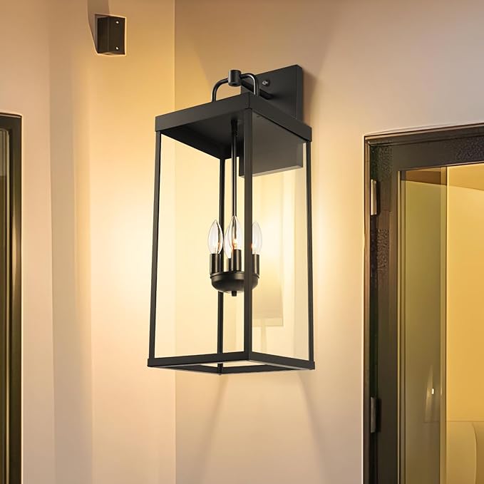 Dusk to Dawn Outdoor Wall Sconce Light, 28 Inch Tall Transitional Exterior Wall Lighting with Clear Glass, Anti-Rust Powder Coat Black Modern Outside Wall Lantern for Front Porch, DDRZ008XL BK