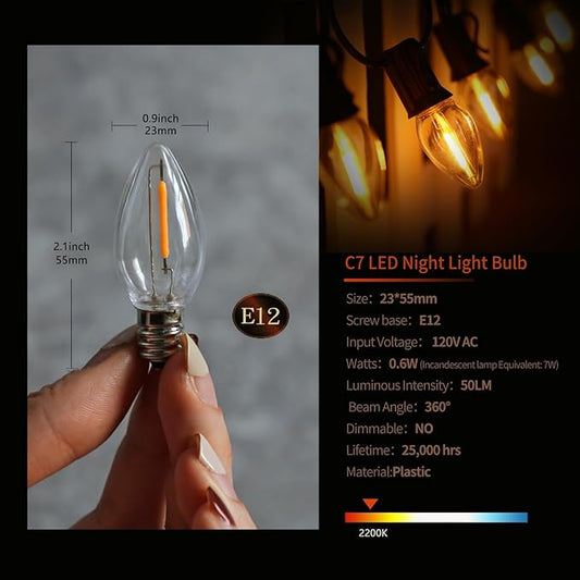 LED Night Light Bulb, Led Replacement Bulbs for Christmas String Lights, Shatterproof & Waterproof Led Bulbs, E12 Candelabra Base, 0.6W Equivalent to 7W, 2200K Warm White, Plastic 25 Pack