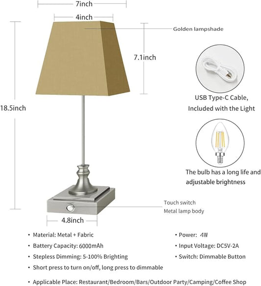 Rechargeable LED Table Lamps with Stepless Touch Control,Sliver Cordless Lamp for Living Room&Bedside&Patio&Shower,Small Desk Lamp(6000mAH Battery),1 Pack for Home Decor,Best Gifts for Family
