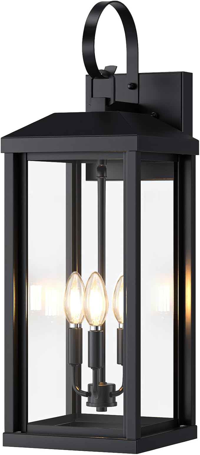 24Inch Extra Large Outdoor Wall Light 3-Light, Waterproof Black Exterior Lighting Fixtures Outdoor Porch Lighting Wall Mount, Modern Exterior Wall Sconce Outside Coach Light for Garage House, 1Pack