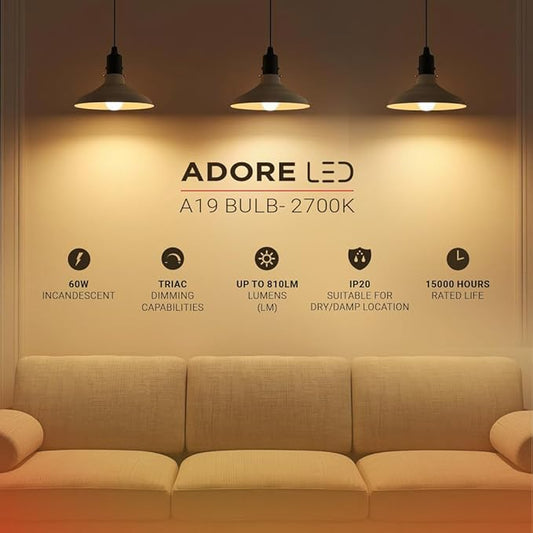 Havells Adore A19 Dimmable LED Bulb, 9W, 60W Equivalent, E26 Medium Base, 2700K Warm White, 810 Lumens, Pack of 24