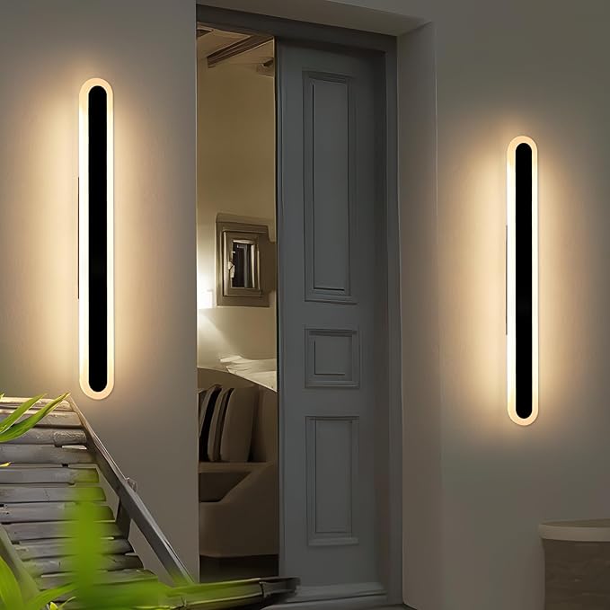 2 Pack 39.3inch Modern Outdoor Wall Light Fixture, IP65 Waterproof Oval LED Wall Mounted Sconce, 3000K Warm White, 36W, Black Strip Exterior Lighting for House, Backyard, Garden, Garage
