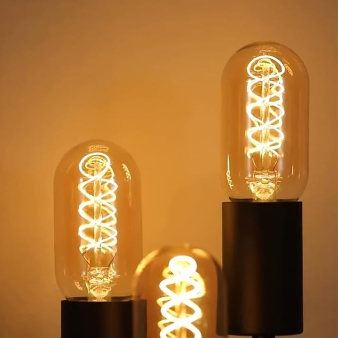 Vintage LED Spiral Filament Bulb T14, E26 Base, 4W Equivalent, 40W Warm White, 2200K, Dimmable, AC120V, 400LM, Amber Glass, Pack of 4