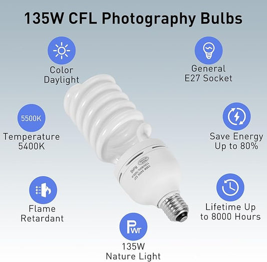 Skytex 1pcs 135W Light Bulb, 5400K Color Temperature CFL Photography Lighting, Daylight Spiral Softbox Lighting Kit Bulb in E27 Socket for Photo, Video and Studio Lights