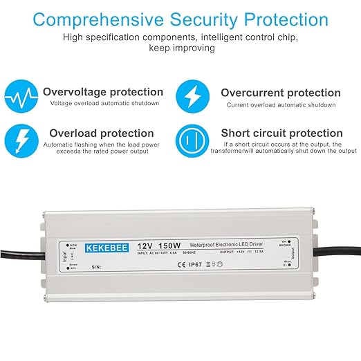 LED Driver 12V150W Waterproof IP67 Power Transformer AC90-130V to DC 12V12.5A Low Voltage Switching Power Supply with 3-pin US Plug for Indoor and Outdoor LED Light Strips and 12V DC Devices
