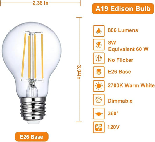 Vinaco A19 Dimmable LED Bulb 2700K Warm White, 4 PCS A19 Edison Bulb, 8W Equal 60W Clear Light Bulbs, Long Lasting 806LM Edison Bulbs E26 LED CRI85+ for Living Room, Chandelier
