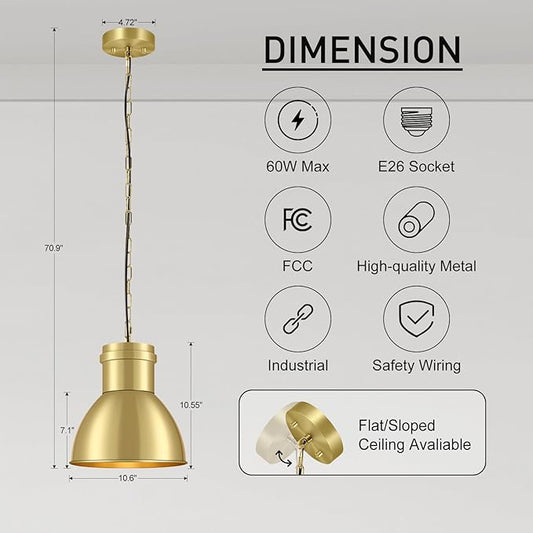BoostArea Gold Pendant Lights Kitchen Island, 10.6" Large Metal Shade and 70.9'' Adjustable Height, Modern Pendant Lighting Fixtures,Farmhouse Hanging Pendant Light for Kitchen Island/Bar,No E26 Bulb