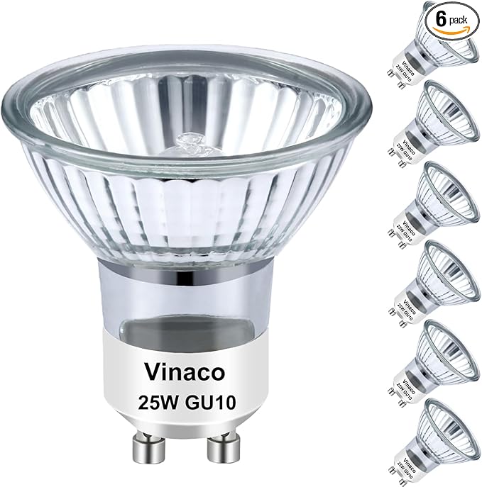Vinaco Halogen GU10+C 120V 25W Long Lasting, Candle Warmer lamp Bulb 25 watt Warm White 2800K, Dimmable 25watt MR16 with Glass Cover for Track Lighting, Range Hood, Pack of 6