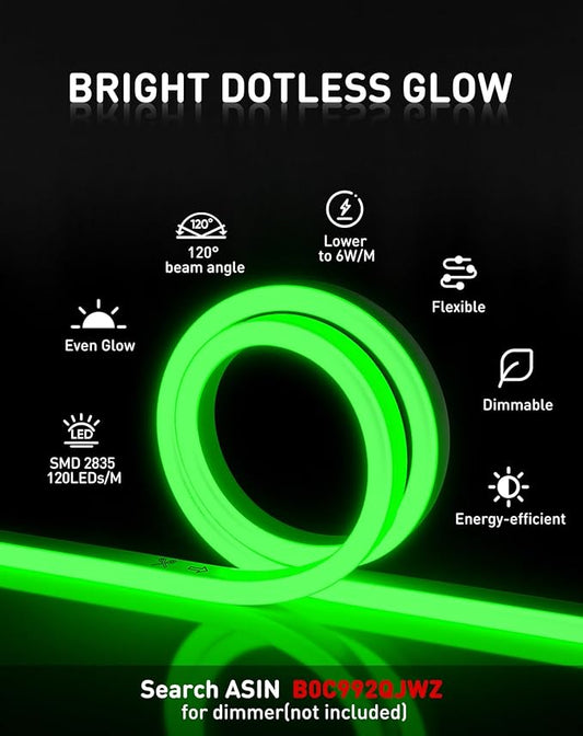 Shine Decor LED Rope Lights AC 120V, Connectable & Cuttable Dotless 120LEDs/M Eco Neon Strip Lighting, ETL IP65 Waterproof & Weather-Resistant for Home Commercial, 8x16mm, Green, 50FT