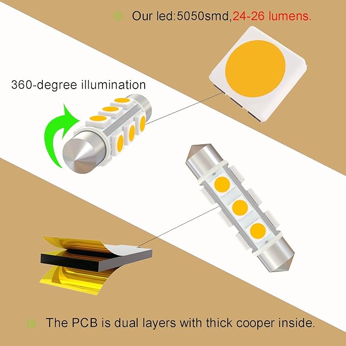 44mm DC 24V Warm White Festoon LED Bulb,578 569 LED Bulbs 211-2 Navigation Bulb for Truck Interior Dome Reading Map Cargo Lights Non Polarity(Pack 12)