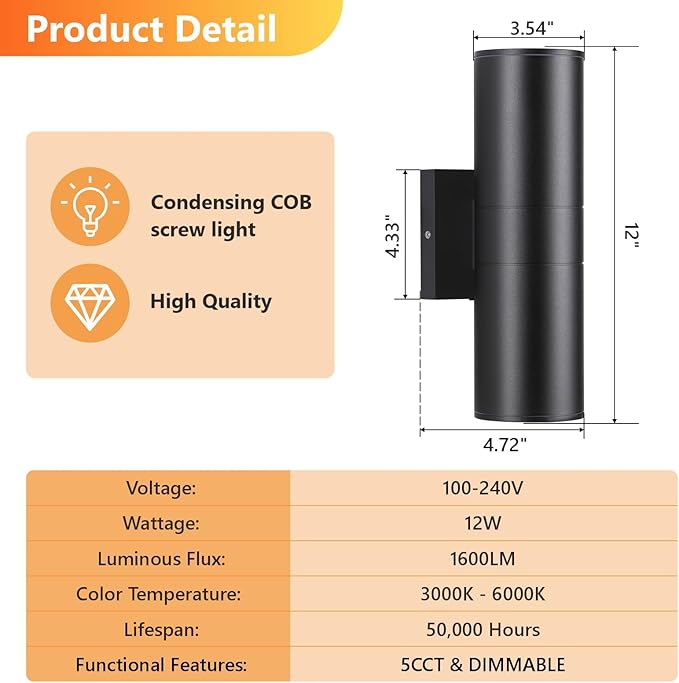 5CCT Dimmable Wall Lights Outdoor 2 Packs, Integrated LED Cylinder Up Down Modern Aluminum Light, Waterproof Exterior Light for Porch Patio Door