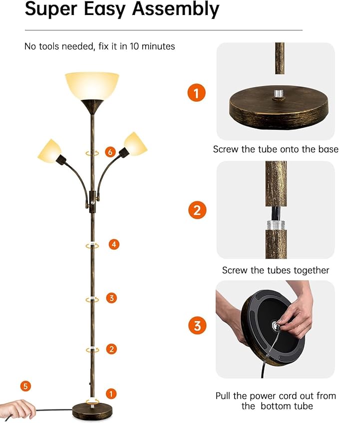 Floor Lamp, Standing Lamp, 71" Tall Lamps for Living Room, 3 Way Switch, Plastic Lampshade, Torchiere Tree Lamp with Reading Light, Modern Pole Lamps for Bedroom E26 Base(No Bulb, Rustic Bronze)