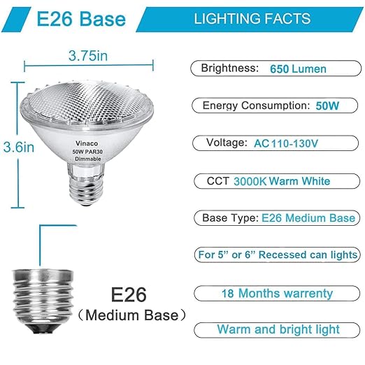 Vinaco PAR30 Halogen Bulb 50W 120V E26 Base, 6 Pack PAR30 Short Neck Halogen Long Lifespan,50W PAR 30 Dimmable 3000k Warm White,High Out PAR 30 Flood Light Instead for Flood Light Bulb Outdoor.…
