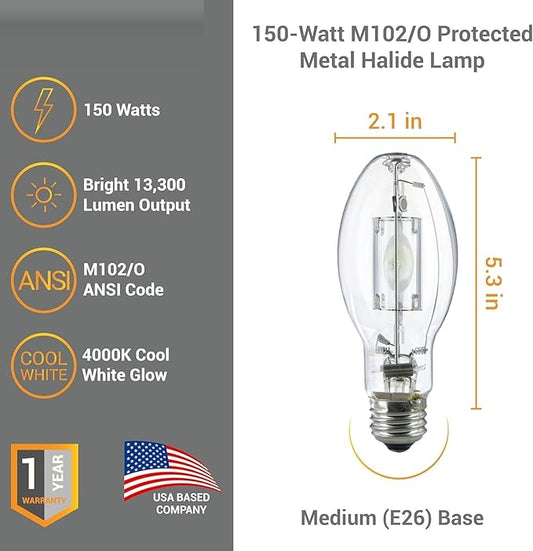 Diodesy- M102/O Metal Halide Lamp 150W Pulse Start 13300 Lumen E26 Medium Base 4200K Cool-White White Coated ED17 Shape 15000 Hour- High Intensity Discharge Outdoor Light for Street Parking Pack of 6
