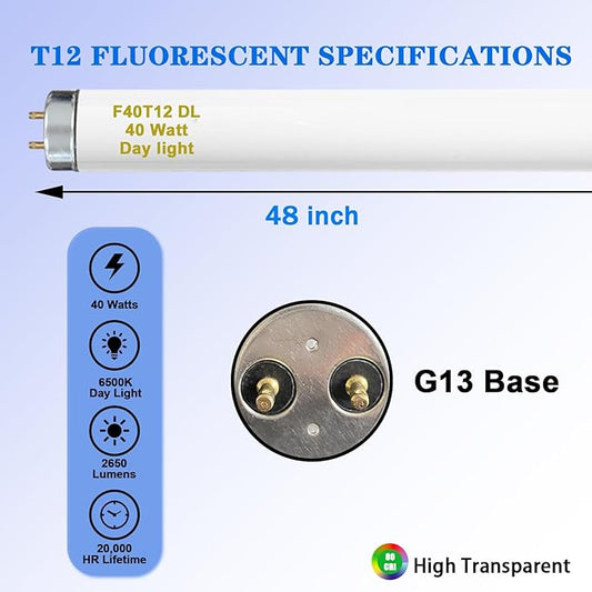 48 Inch F40T12/DL 40W 6500K Daylight Fluorescent Light Bulbs, 4ft T12 Linear Tube Lights F40T12/865, 2650 Lumens, G13 Bi-Pin 12 Pack