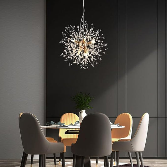 Small Modern Chandelier, 8 Lights Gold Dandelion Chandelier, Firework Crystal Chandeliers for Dining Room, Sputnik Pendant Light Fixture for Kitchen Island, Bedroom