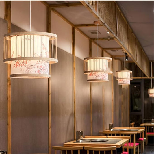 Modern New Chinese Style Patterned Pendant Lamp Fixture Creative Bamboo Suspension Lamp with Wood Canopy Vintage Lantern Hanging Light for Kitchen Dining Room Bedroom E27 Droplight