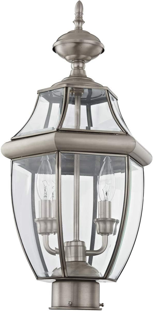 Livex Lighting 2254-91 Monterey 2 Light Outdoor Brushed Nickel Finish Solid Brass Post Head with Clear Beveled Glass