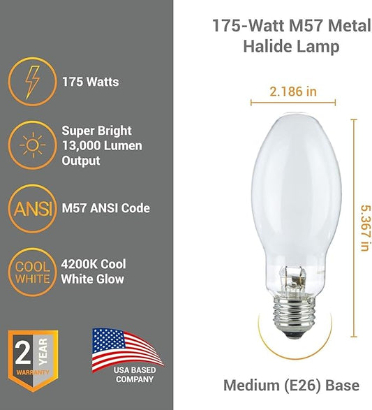 Diodesy- M57 Metal Halide Lamp 175W Probe Start 13000 Lumen E26 Medium Base 4200K Cool-White White Coated ED17 Shape 10000 Hour High Intensity Discharge Outdoor Light Bulb for Street Parking Pack of 2