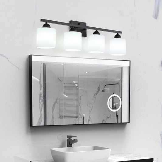 Milk Glass Vanity Lights for Bathroom, 4 Light Matte Black Bathroom Light Fixtures Over Mirror, Ceramic E26 Sockets Wall Mounted