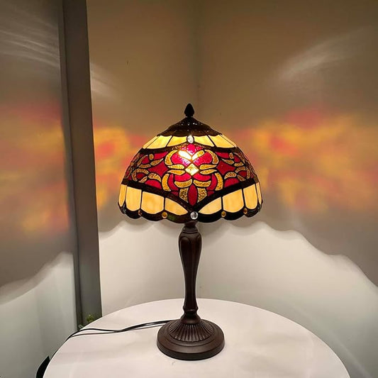 Bieye L10869 Baroque Tiffany Style Stained Glass Table Lamp for Home Decoration (12-inch, Red)