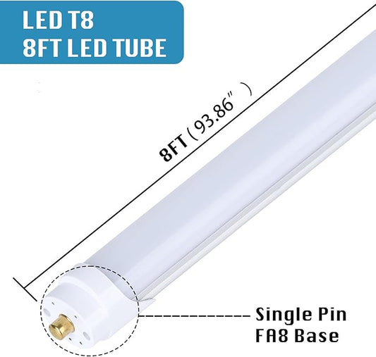 (4-Pack),T8/T10/T12 8FT LED Tube Light, Single Pin FA8 Base, 100W 15000LM 6000K Cold White, 180 Degree Flat Shaped LED Fluorescent Bulb (250W Equiv.), Frosted Cover, Dual-Ended Power
