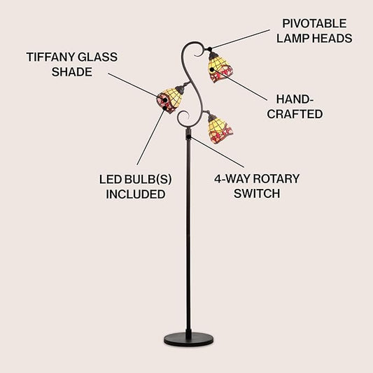JONATHAN Y JYL8013A 70.5" Traditional Tiffany Style Floor Lamp, Bronze 3-Light Tree Standing Lamp for Living Room, Bedroom, Office with Multi-Color Stained Glass Shades, 3 LED Bulbs Included