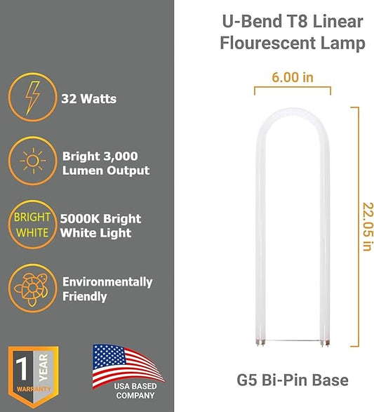 Diodesy- U-Bend T8 Fluorescent Tube Light Bulb 32W 3000 Lumens 5000K Bright White G13 Miniature Bi-Pin Base Rohs Compliant Pack of 12- U Shaped Linear Replacement Lamp