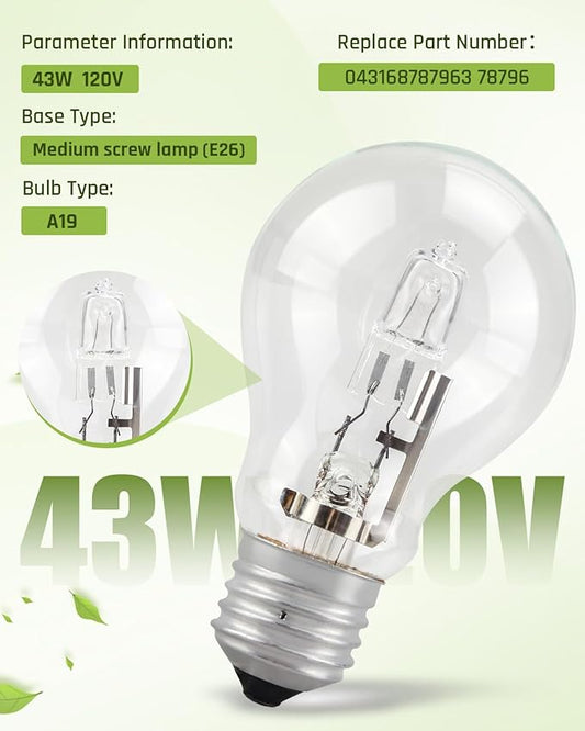 043168787963 78796 Light Bulb 43 Watt A19 Halogen Light 60 Watt Replacement, 6PCS