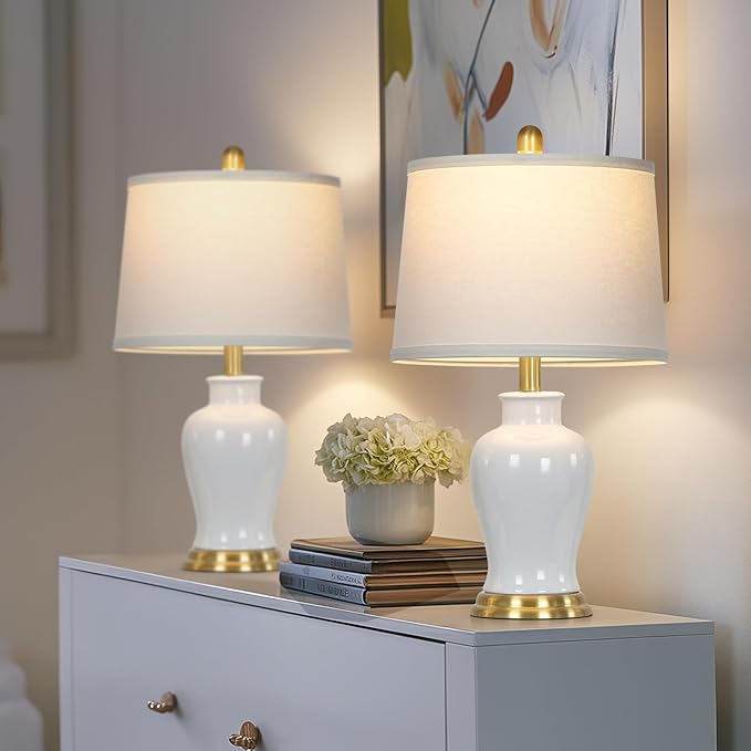 Modern Ceramic Table Lamps Set of 2, 23" White Ceramic Lamps for Living Room, Rustic Farmhouse Bedside Lamp with Ginger Jar Design, Elegant Bedroom Lamp for Nightstand Desk Side End Table Home Decor