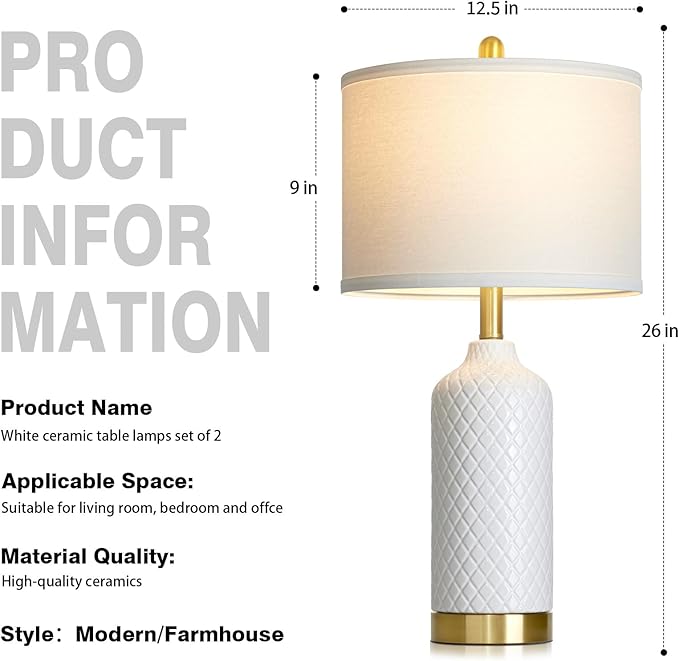 26“ White Ceramic Table Lamps for Living Room, Modern Ceramic Lamps Set of 2, Tall Bedside Lamp for Nightstand, Classic Farmhouse Bedroom Lamp for Desk Side End Table Home Decor
