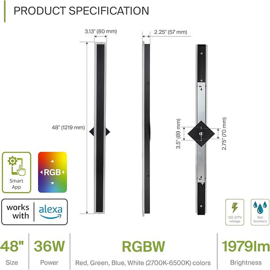 ASD LED 48" Long Wall Mount Light Fixture, Outdoor & Indoor Linear Sconce | RGBW, Smart, Waterproof, Anti-Rust, ETL Listed | 36W 1900LM 2700-6500K 100-277V | Exterior Porch Lighting | Black