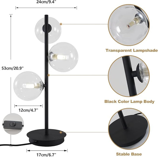 3-Light Black Table Lamp, Mid Century Nightstand Lamp with Clear Glass Globe Shade, Contemporary Bedside Lamp for Bedroom Living Room Study Room