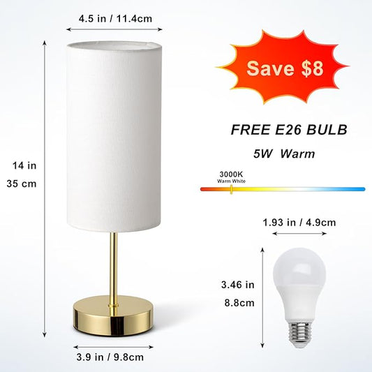 Small Nightstand Table Lamp for Bedroom, Round White Fabric Shade and Gold Metal Base, Modern Minimalist Bedside Lamps for Dresser, Living Room, Office, College Dorm, Warm Light, 5W LED Bulb Included