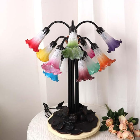 Bieye L10952 Lily Flower Blown Glass Accent Table Lamp for Living Room Bedroom Decoration (Multicolor, 12-Light)