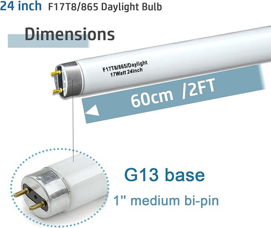 12pack 24 inch F17T8/865/DX Fluorescent Light Bulb, 17Watts Full Spectrum 6500K Daylight, 2FT T8 Linear Tube 1250lumen High Efficient