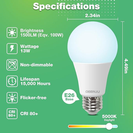 LED Light Bulbs, 100 Watt Equivalent LED Bulbs A19, 5000K Daylight, E26 Standard Base, 1500 Lumens, Non-Dimmable, 13W Bright White E26 Bulbs for Bedroom Home Office, 12 Pack