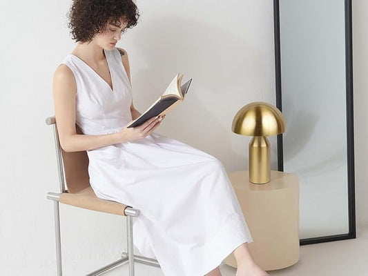 Brightech Venus Mushroom Table Lamp - Modern Lamp for Living Room, Bedroom Side/End Table - Dimmable, Unique Side Table LED Lamp Shade for Office, Reading - Brass/Gold, 14" Tall