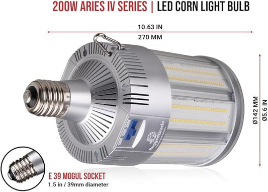 RuggedGrade Aries IV 200W LED Corn Bulb | 29,000 Lumens | 5000K Bright White | 277-480V | E39 Mogul Base | High Lumen Industrial Retrofit Lamp | DLC 5.1 Premium