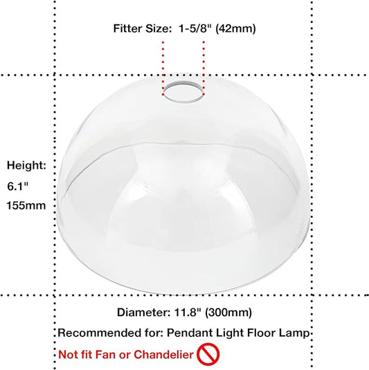 Bowl Glass Lamp Shade Replacement, 1-5/8 inch Fitter, 11.8" Diameter, 6.1" Height, Clear Glass Globe Cover
