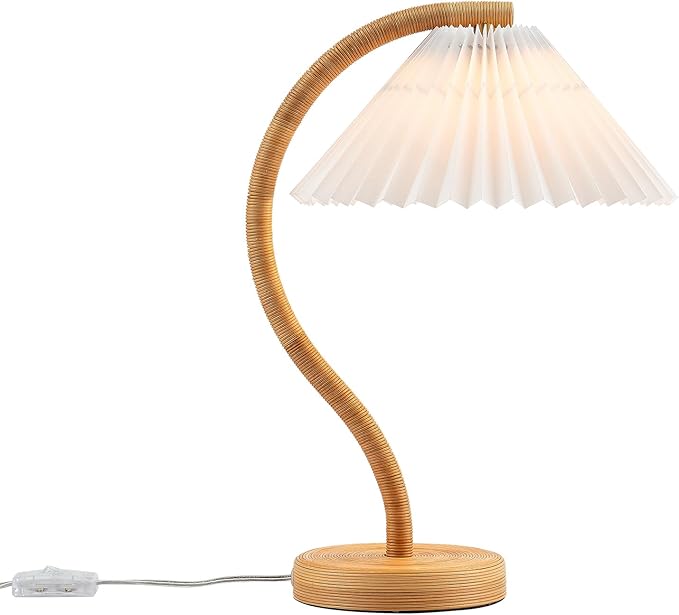 Boho Hand Woven Rattan Table Lamp with White Fabic Shades Plug in and Play Gooseneck Table Light for Bedside Living Room Bedroom Office